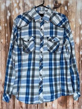 Various Artists Blue Plaid Collared Snap Button Up Long Sleeve